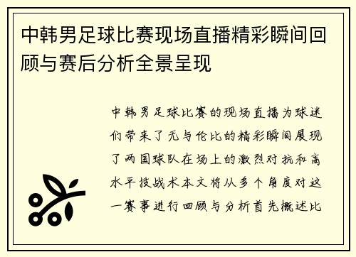 中韩男足球比赛现场直播精彩瞬间回顾与赛后分析全景呈现